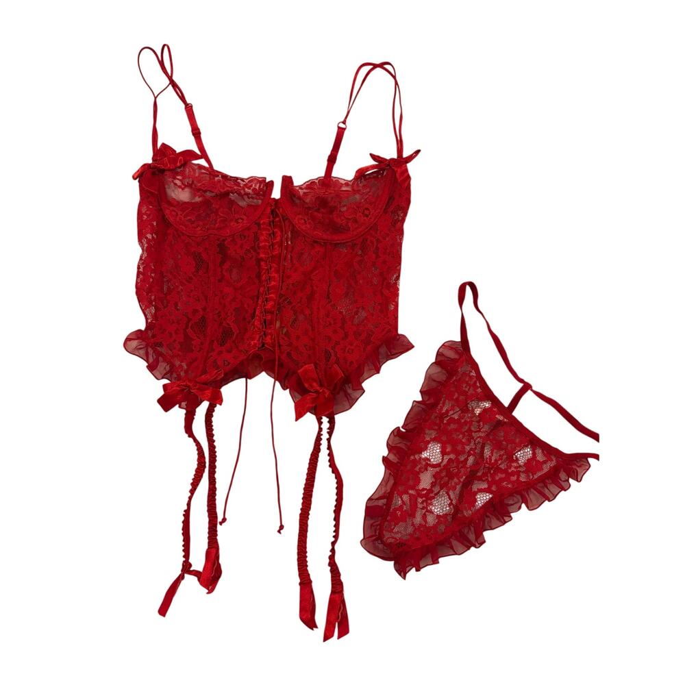 Vintage Victoria's Secret Gold Label Corset Set Red Lace 36C L